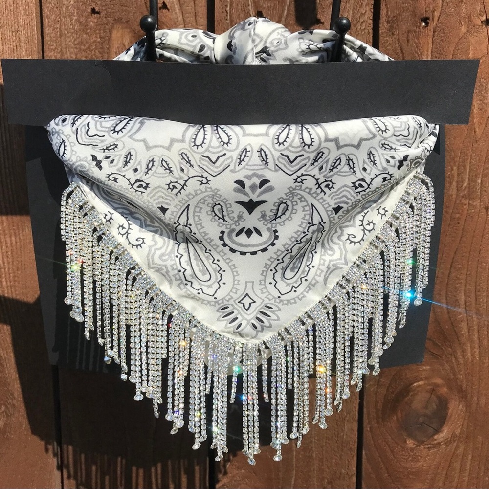 Bandana with Authentic Rhinestone Fringe Off-White
